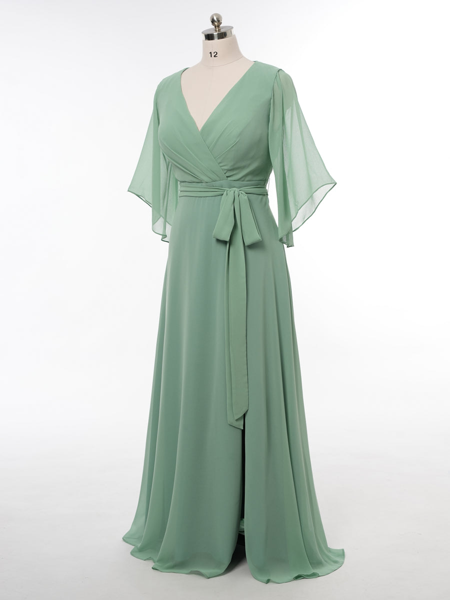A-Line/Princess V-Neck 3/4 Sleeves Bridesmaid Dresses with Belt