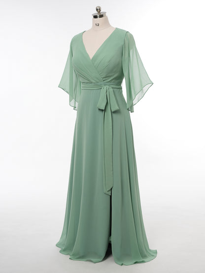 A-Line/Princess V-Neck 3/4 Sleeves Bridesmaid Dresses with Belt