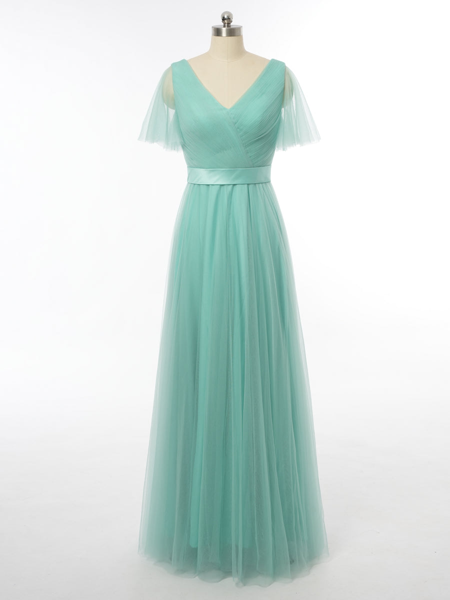 A-Line/Princess V-Neck Short Sleeves Bridesmaid Dresses with Ruched