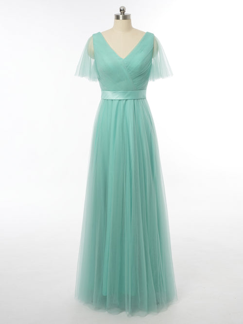 A-Line/Princess V-Neck Short Sleeves Bridesmaid Dresses with Ruched