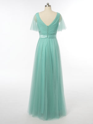 A-Line/Princess V-Neck Short Sleeves Bridesmaid Dresses with Ruched