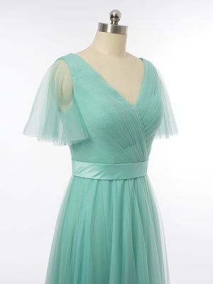 A-Line/Princess V-Neck Short Sleeves Bridesmaid Dresses with Ruched