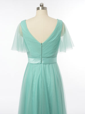 A-Line/Princess V-Neck Short Sleeves Bridesmaid Dresses with Ruched