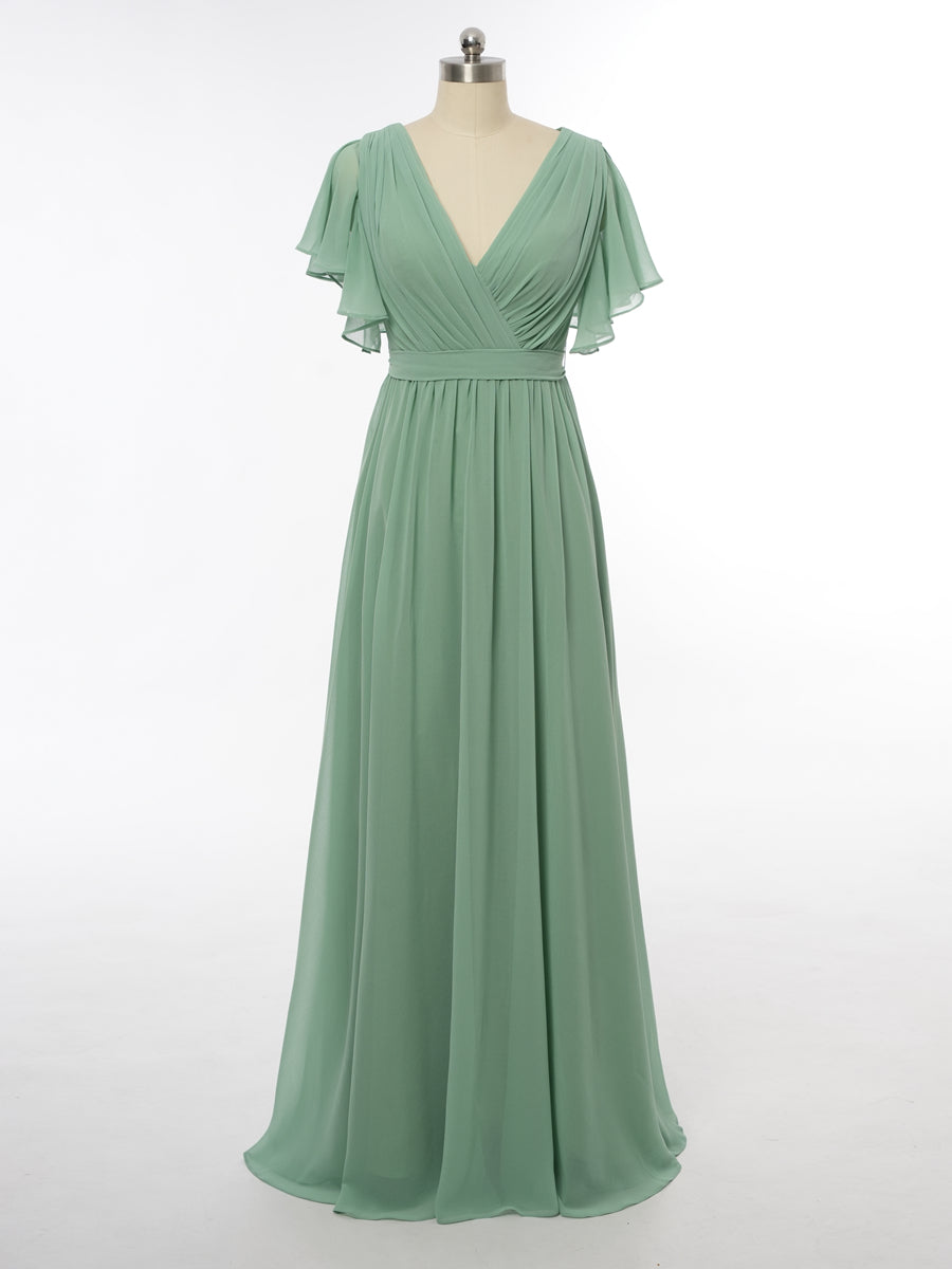 A-Line/Princess V-Neck Short Sleeves Bridesmaid Dresses with Belt