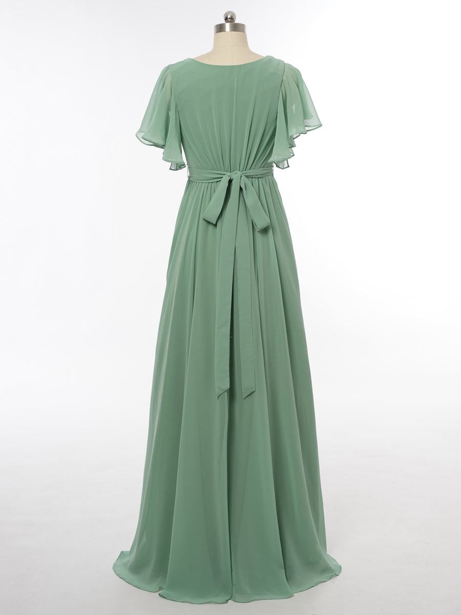 A-Line/Princess V-Neck Short Sleeves Bridesmaid Dresses with Belt