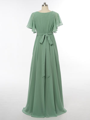 A-Line/Princess V-Neck Short Sleeves Bridesmaid Dresses with Belt