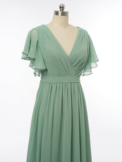 A-Line/Princess V-Neck Short Sleeves Bridesmaid Dresses with Belt