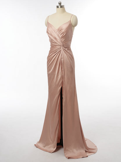 Sheath/Column Spaghetti Straps Sleeveless Evening Dresses with Split Side