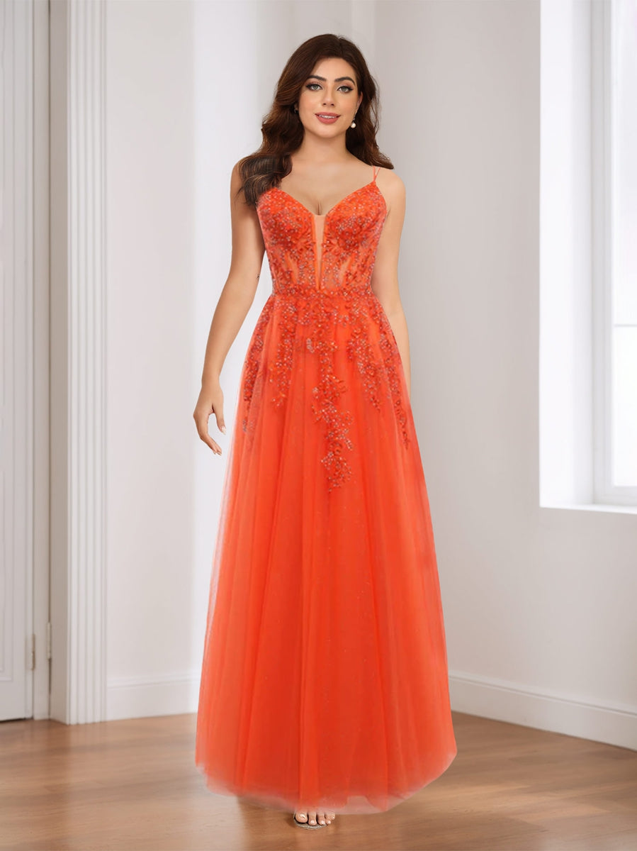 A-Line/Princess Plunging V-Neck Sleeveless Evening Dresses with Applique