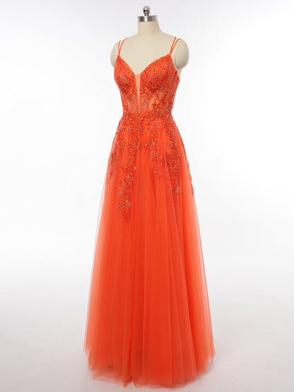 A-Line/Princess Plunging V-Neck Sleeveless Evening Dresses with Applique