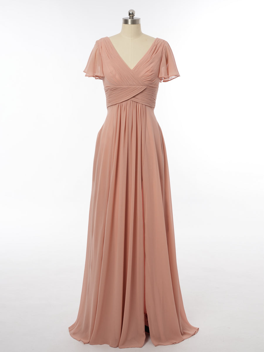 A-Line/Princess V-Neck Short Sleeves Bridesmaid Dresses with Ruffles