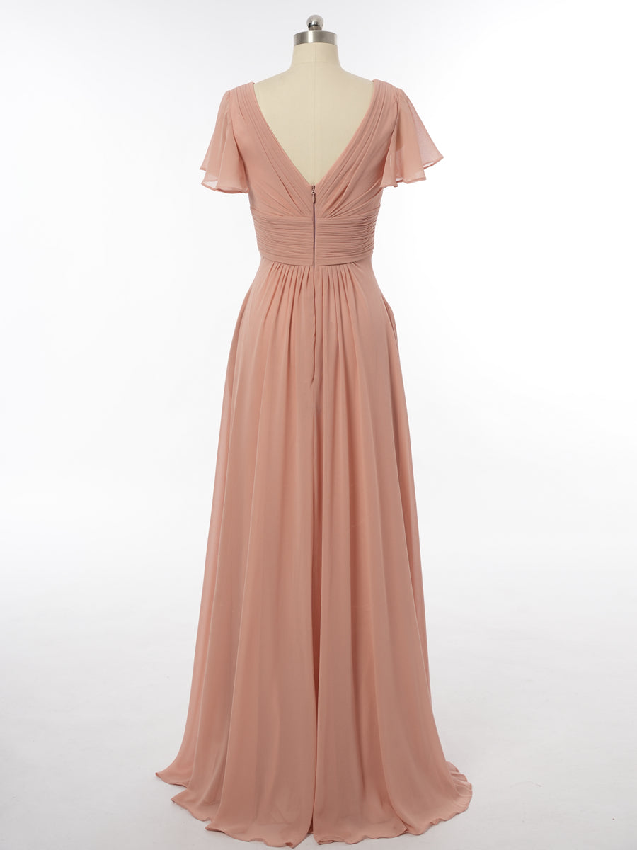A-Line/Princess V-Neck Short Sleeves Bridesmaid Dresses with Ruffles