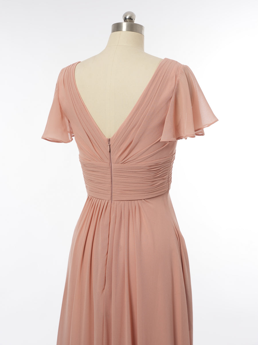 A-Line/Princess V-Neck Short Sleeves Bridesmaid Dresses with Ruffles