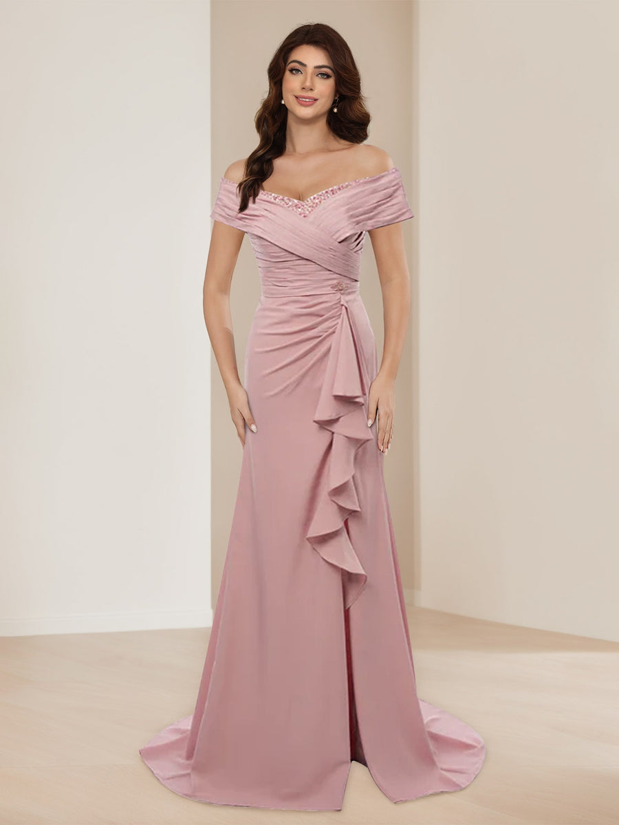 A-Line/Princess Off-the-Shoulder Short Sleeves Mother of the Bride Dresses with Sash