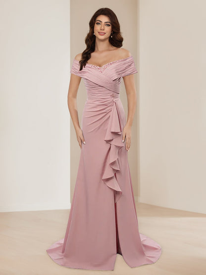 A-Line/Princess Off-the-Shoulder Short Sleeves Mother of the Bride Dresses with Sash