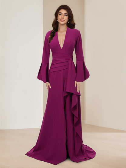 A-Line/Princess Plunging V-Neck Long Sleeves Mother of the Bride Dresses with Ruffles