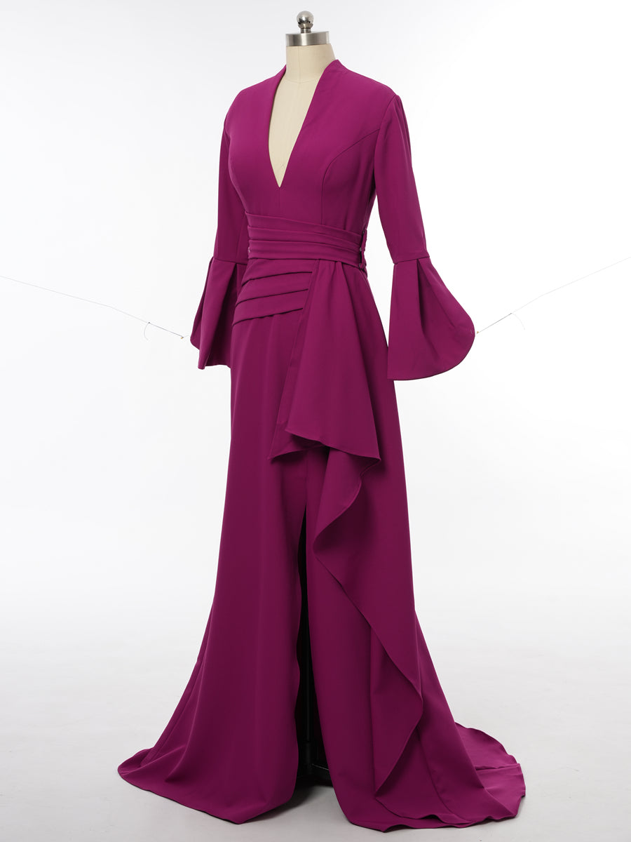 A-Line/Princess Plunging V-Neck Long Sleeves Mother of the Bride Dresses with Ruffles