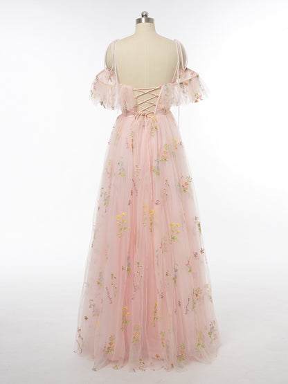 A-Line/Princess Spaghetti Straps Short Sleeves Evening Dresses with Applique
