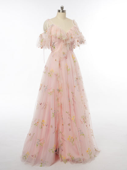 A-Line/Princess Spaghetti Straps Short Sleeves Evening Dresses with Applique