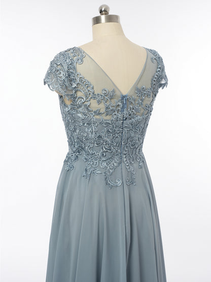 A-Line/Princess Scoop Short Sleeves Evening Dresses with Applique
