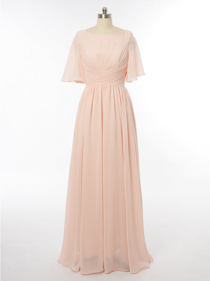 A-Line/Princess Scoop Short Sleeves Bridesmaid Dresses with Ruched