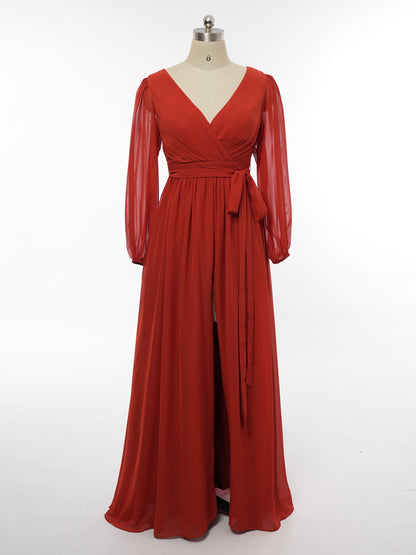 A-Line/Princess V-Neck Long Sleeves Bridesmaid Dresses with Belt