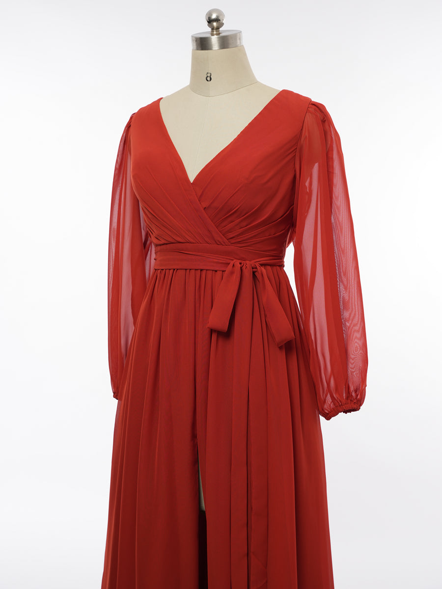 A-Line/Princess V-Neck Long Sleeves Bridesmaid Dresses with Belt