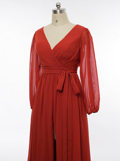 A-Line/Princess V-Neck Long Sleeves Bridesmaid Dresses with Belt