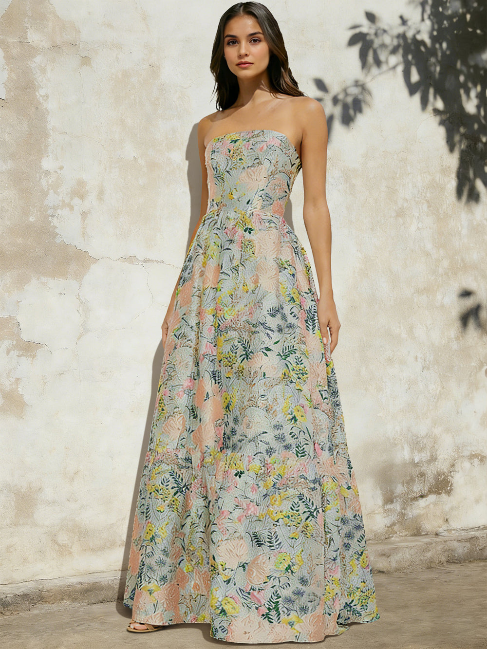 A-Line/Princess Long Floral Prom Dresses Strapless Floor-Length Jacquard Elegnat Evening Dresses