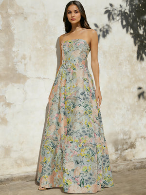 A-Line/Princess Long Floral Prom Dresses Strapless Floor-Length Jacquard Elegnat Evening Dresses