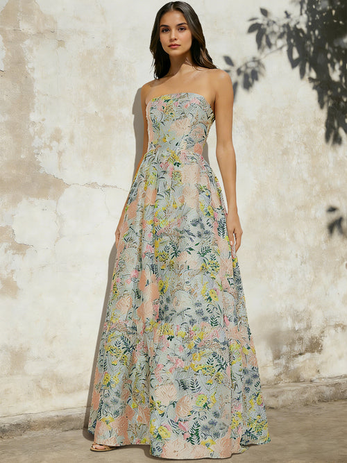A-Line/Princess Long Floral Prom Dresses Strapless Floor-Length Jacquard Elegnat Evening Dresses