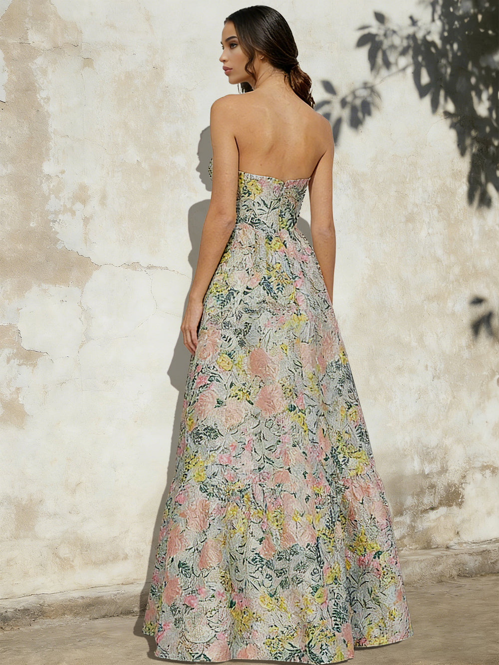 A-Line/Princess Long Floral Prom Dresses Strapless Floor-Length Jacquard Elegnat Evening Dresses