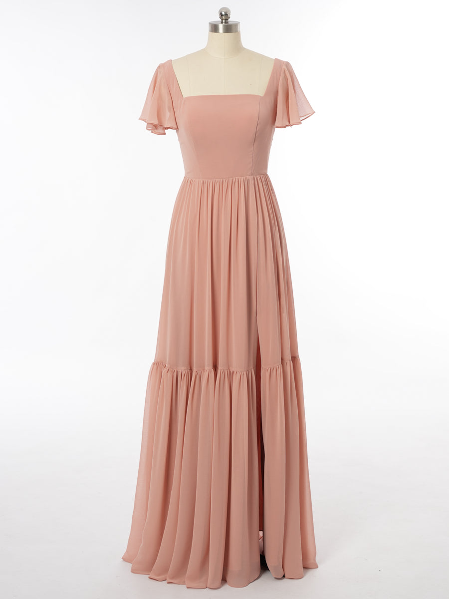 A-Line/Princess Scoop Short Sleeves Bridesmaid Dresses with Split Side