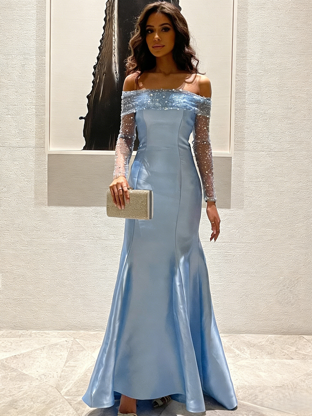 Sheath/Column Elegant Evening Dresses Satin Off Shoulder Floor-Length Formal Dress With Ruched Sequins