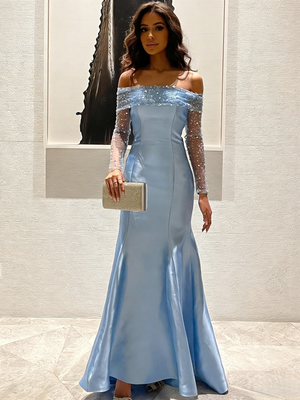 Sheath/Column Elegant Evening Dresses Satin Off Shoulder Floor-Length Formal Dress With Ruched Sequins