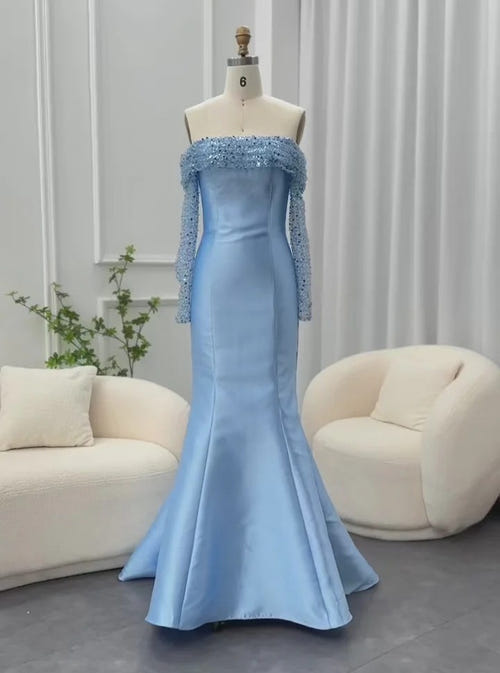 鱼尾/直筒优雅晚礼服缎面露肩及地正装连衣裙带褶饰亮片