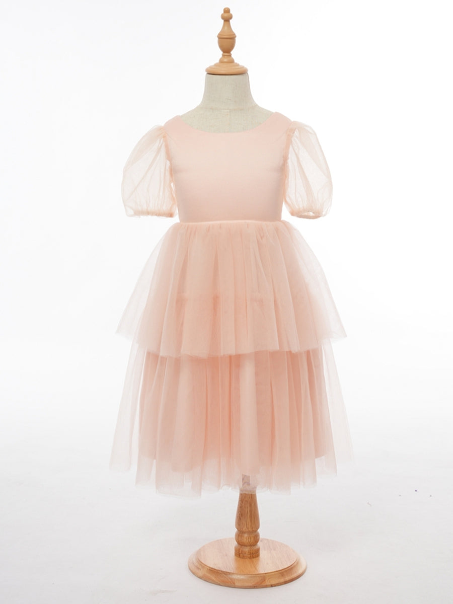 Ball Gown Scoop Puff Sleeves Flower Girl Dresses with Ruched