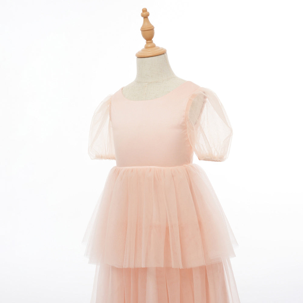 Ball Gown Scoop Puff Sleeves Flower Girl Dresses with Ruched