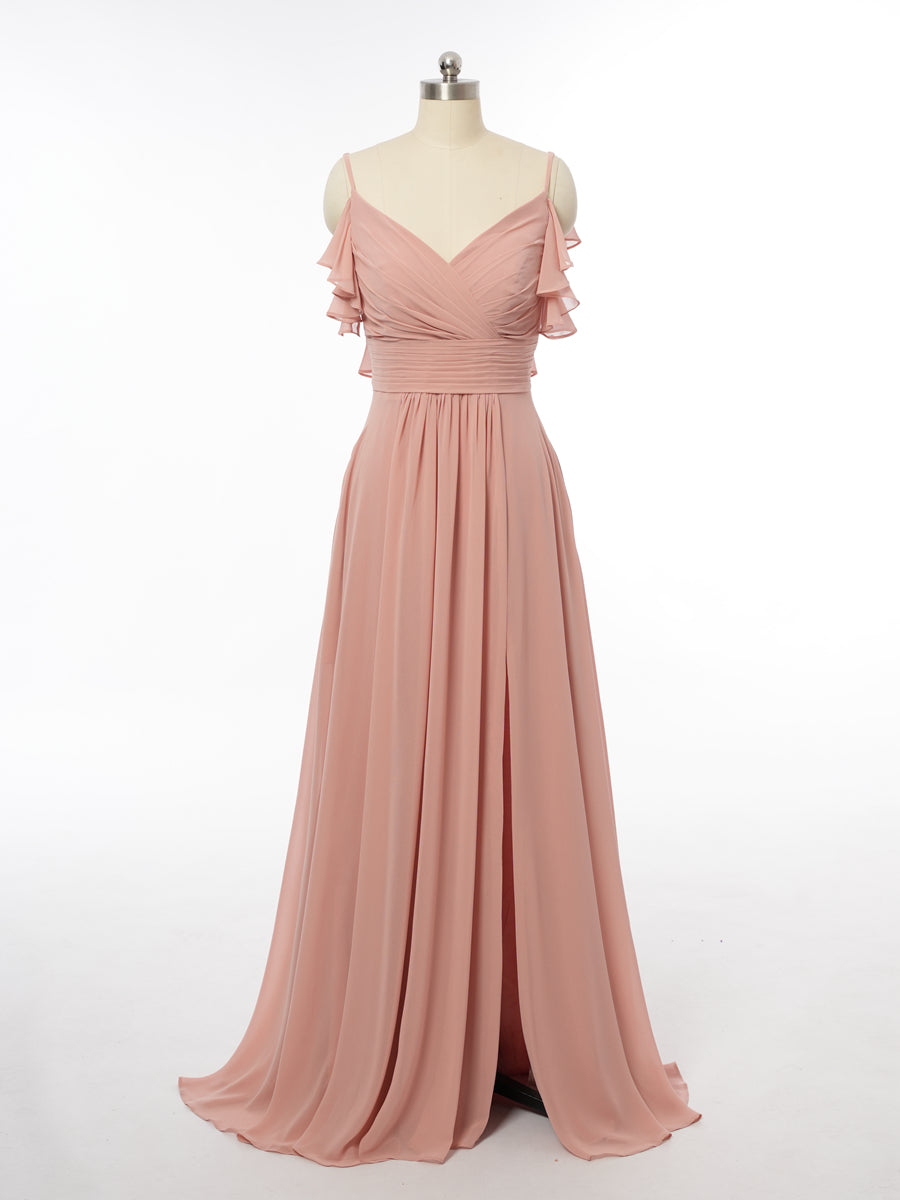 A-Line/Princess Spaghetti Straps Sleeveless Bridesmaid Dresses with Ruffles
