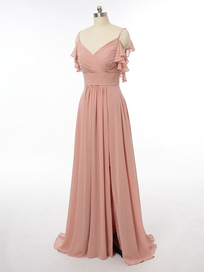 A-Line/Princess Spaghetti Straps Sleeveless Bridesmaid Dresses with Ruffles