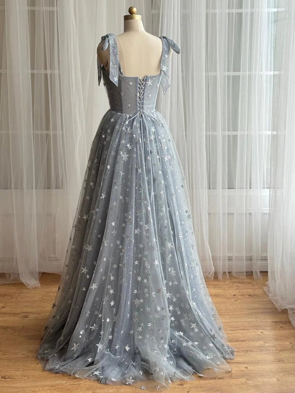 A-Line/Princess Prom Dresses Sweetheart Spaghetti Straps Floor-length Tulle Dress With Glitter Prints