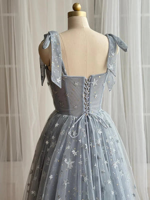 A-Line/Princess Prom Dresses Sweetheart Spaghetti Straps Floor-length Tulle Dress With Glitter Prints