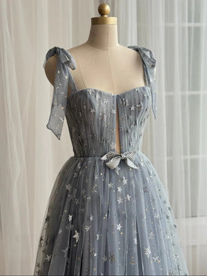 A-Line/Princess Prom Dresses Sweetheart Spaghetti Straps Floor-length Tulle Dress With Glitter Prints