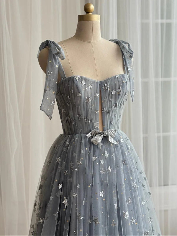 A-Line/Princess Prom Dresses Sweetheart Spaghetti Straps Floor-length Tulle Dress With Glitter Prints