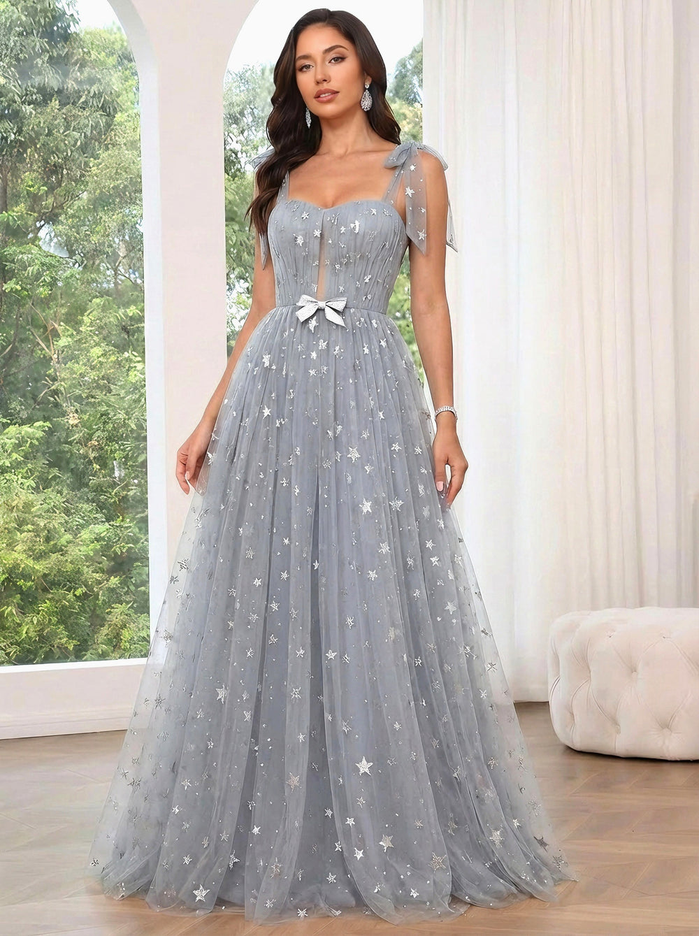 A-Line/Princess Prom Dresses Sweetheart Spaghetti Straps Floor-length Tulle Dress With Glitter Prints