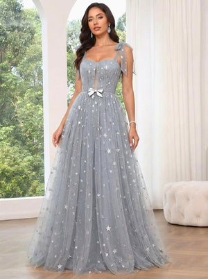A-Line/Princess Prom Dresses Sweetheart Spaghetti Straps Floor-length Tulle Dress With Glitter Prints