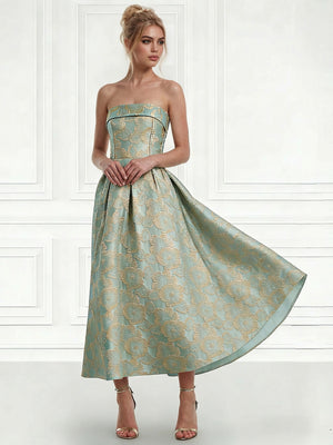 A-Line/Princess Elegant Cocktail Dress Strapless Tea-Length Floral Jacquard Dress Wedding Guest