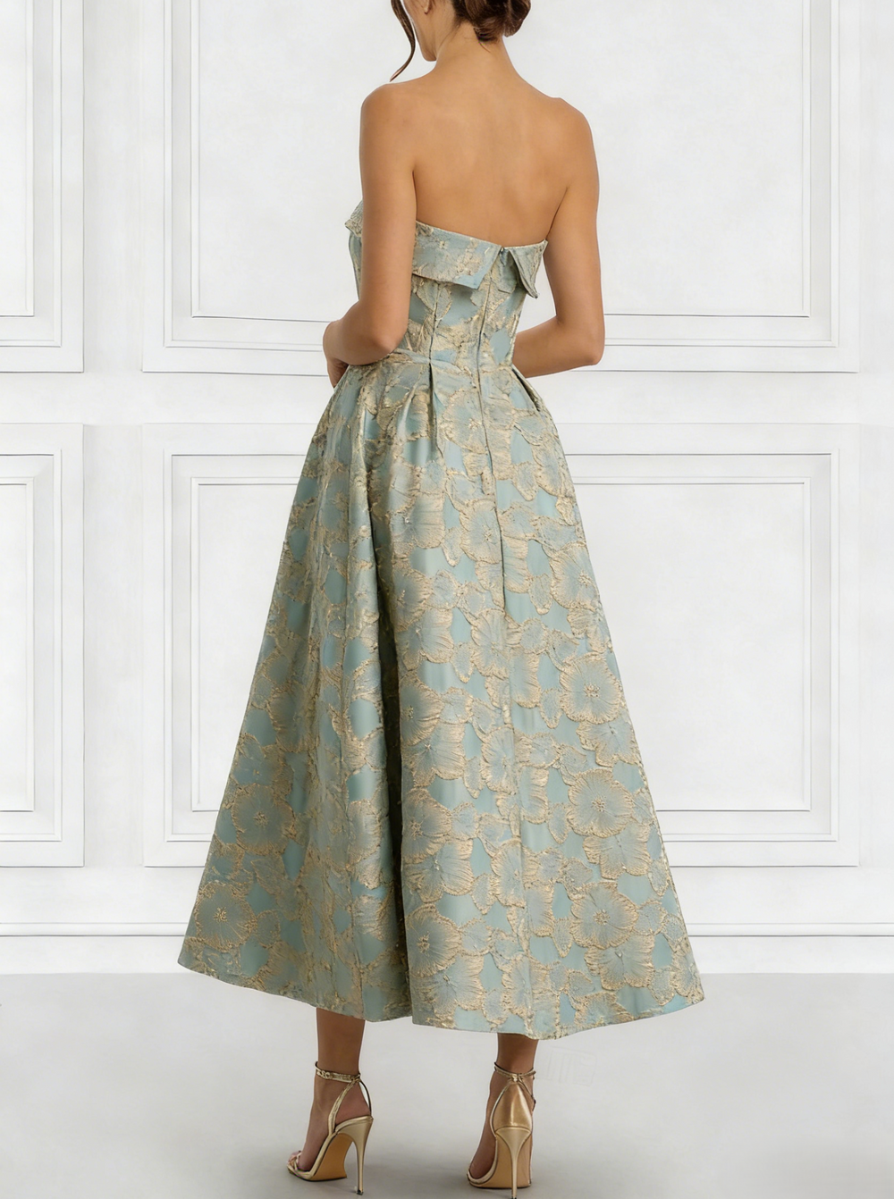 A-Line/Princess Elegant Cocktail Dress Strapless Tea-Length Floral Jacquard Dress Wedding Guest