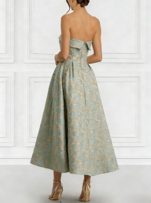 A-Line/Princess Elegant Cocktail Dress Strapless Tea-Length Floral Jacquard Dress Wedding Guest