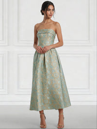 A-Line/Princess Elegant Cocktail Dress Strapless Tea-Length Floral Jacquard Dress Wedding Guest
